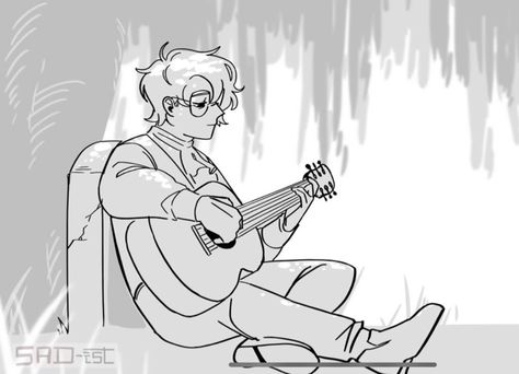 Character Playing Guitar Reference, Art Reference Sitting On Floor, Playing Ukulele Drawing Reference, Playing Violin Pose Reference Drawing, Holding Bucket Reference, Sitting With Guitar Pose, Someone Holding A Guitar, Person Holding Guitar Drawing Reference, Playing The Guitar Drawing