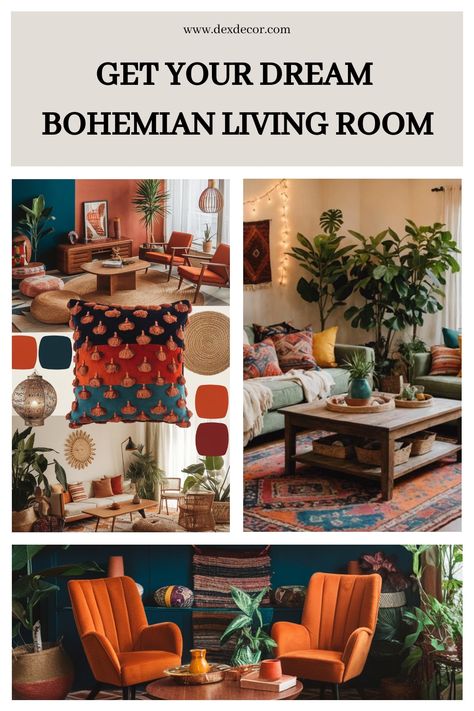 Collage of bohemian living room decor with vibrant textiles, plants, and vintage furniture. Modern Bohemian Living Room Ideas, Eclectic Bohemian Living Room, Kitchen Flooring Trends, Bohemian Living Room Ideas, Kitchen Tile Inspiration, Ensuite Bathroom Designs, Industrial Chic Kitchen, Modern Bohemian Living Room, Rustic Industrial Kitchen