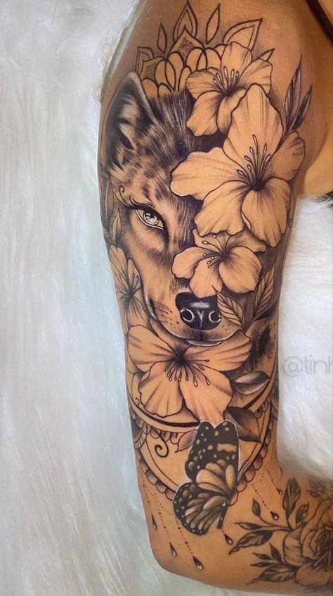 Wolf And Flower Sleeve Tattoo, Half Arm Sleeve Tattoo For Women Forearm, Lace Sleeve Tattoos, Half Arm Sleeve Tattoo, Wolf Tattoos For Women, Unique Half Sleeve Tattoos, Arm Sleeve Tattoos For Women, Animal Sleeve Tattoo, Wolf Tattoo Sleeve