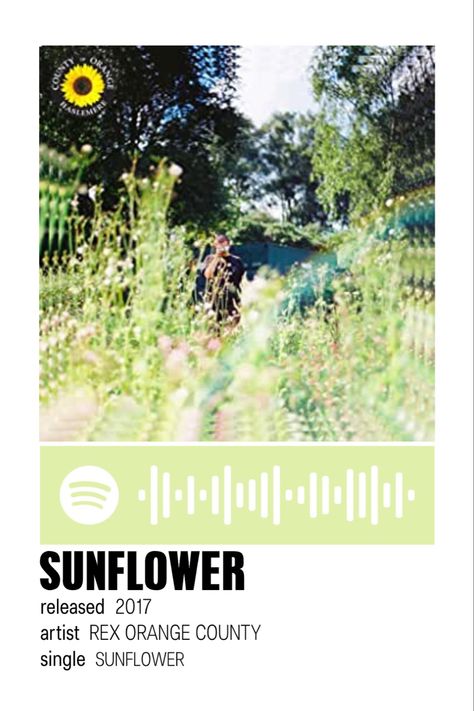 spotifycode minimal print alternative poster Sunflower Rex Orange County, Sunflower Poster, Rex Orange County, Rex Orange, Orange Sunflowers, Minimal Prints, Music Wall, Music Covers, Orange County