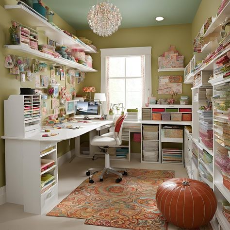 Crafty headquarters! This organized craft room has everything you need to get creative. Shelves stocked with supplies, a designated workspace, and a comfy chair for planning projects. What would you add to your dream craft room? Let us know in the comments! Cosy Craft Room, Loft Craft Room, Cozy Craft Room, Creative Shelves, Organized Craft Room, Loft Playroom, Art Rooms, Craft Spaces, Long Desk