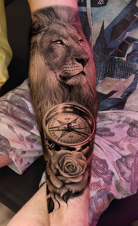 #lion #compass #rose #halfsleeve #tattoo Lion And Compass Tattoo, Lion Compass Tattoo, Compass And Rose Tattoo, Rose Compass Tattoo, Room Moodboard, Compass Rose Tattoo, Hourglass Tattoo, Clock Tattoo, Vintage Timepiece