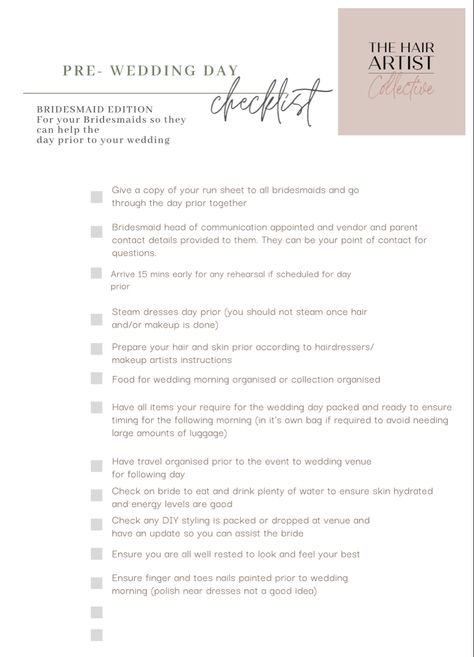 As a bride it is hard to delegate but here is a simple list to give your bridesmaid the day prior to help lighten your load! Keep an eye out for our wedding day checklist too! Bridesmaid Day Of Checklist, Bridesmaids To Do List, Wedding Day Tasks To Delegate, Bridesmaid Checklist For Wedding Day, Bridesmaid Tasks List, Bridesmaid Job List, Bridesmaid Duties Checklist, Pre Wedding Checklist, Bridesmaid Checklist