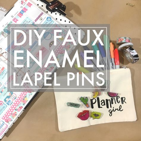 Make it Monday // DIY Faux Enamel Pins   I am in lovewith enamel pins. They are super popular right now and I even featured my jean jacked covered with them in this video on my YouTube channel. I've searched Pinterest and Amazon and have been drooling over way too many of the cute designs. Since I can't afford every single pin out there and I'm 100% into DIYing anything I can I'm excited to share with you a fun and easy way to make cute pins at home!  this post contains affiliate links please re Diy Enamel Pin, Faux Enamel Diy, How To Make Enamel Pins Diy At Home, Making Stickers Into Magnets, Faux Leather Magnetic Bookmark Diy, Enamel Pins Diy, Make Enamel Pins, Shrink Paper, Teen Library