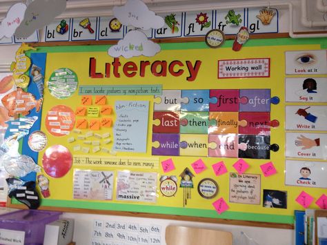 Literacy working wall Classroom Displays Ks2, Literacy Working Wall, Working Wall Display, Year 4 Classroom, Primary Classroom Displays, Ks1 Classroom, Ks2 Classroom, Classroom Display Boards, Literacy Display