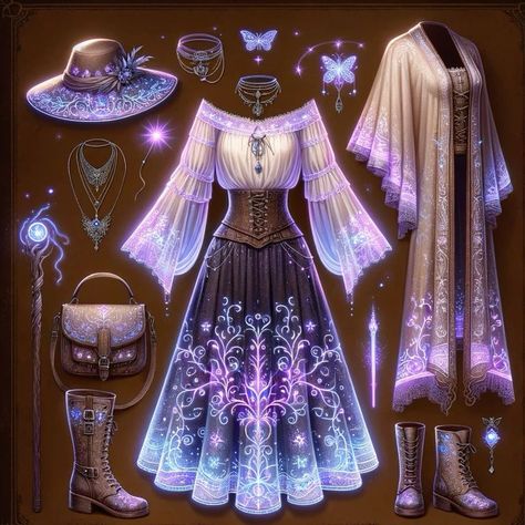 Colorful Fantasy Outfits, Spring Themed Outfits, Female Fairy Character Design, Modern Fairy, Fairy Tale Princess, Fair Outfits, Dress Design Drawing, Clothing Design Sketches, Fantasy Dresses