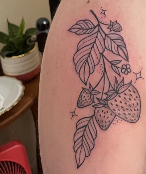 Strawberry Tattoo Linework, Strawberry Vine Tattoo, Strawberry Tattoos, General Tattoo, Arm Wrap Tattoo, Strawberry Vine, Simple Butterfly Tattoo, Strawberry Tattoo, Vine Tattoo