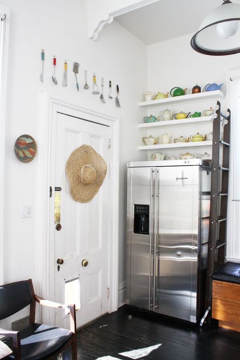 Floating Shelves Above Fridge, Shelves Above Fridge, Teapot Shelf, Top Of Fridge Decor, Kitchen Configuration, Top Of Fridge, Above The Fridge, Above Fridge, Display Collections