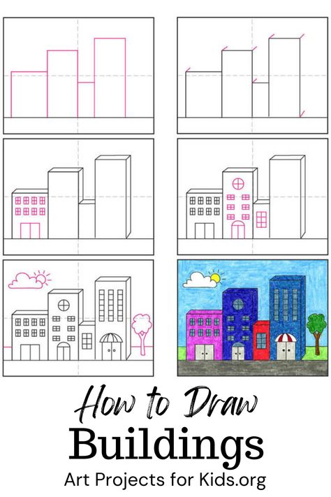 Learn how to draw Buildings with an easy step by step tutorial. Free PDF download available. #howtodraw #artprojectsforkids #buildings Draw Buildings Tutorials, Building Drawing Step By Step, Draw Buildings Sketch, How To Draw A Building, How To Draw Buildings Step By Step, Building Drawing Easy, How To Draw Buildings, Downtown Drawing, Simple Sketching