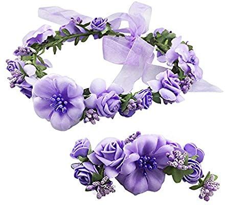 YLucky Women Girls Flower Crown/Wedding Hair Wreath Floral Headband Garland Halo Wrist Band Set Hair Accessories for Wedding FestivalPhotography Vocation Purple Flower Crown Wedding Hair, Bridal Head Pieces, Wedding Hair Flower Crown, Ring Bearer And Flower Girl, Garden Brunch, Crown Wedding Hair, Wedding Gifts Ideas, Women Headbands, Wedding Party Hair