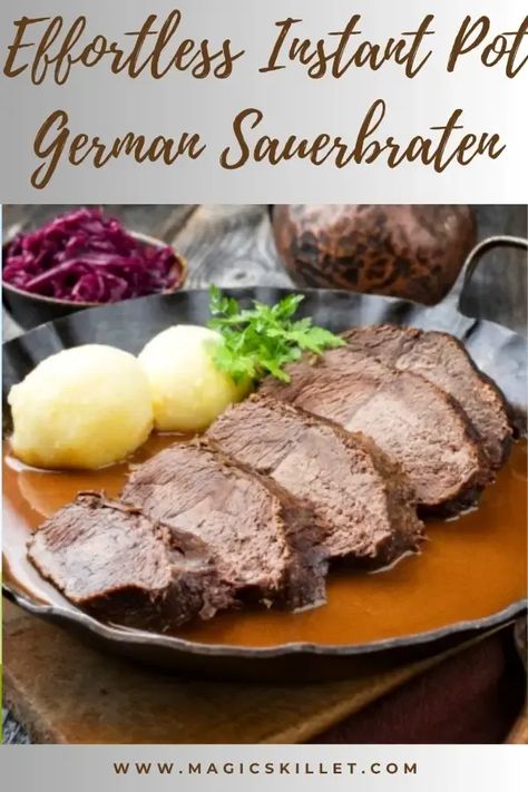 Instant Pot German sauerbraten recipe. This German sauerbraten is a traditional braised beef dish that's usually prepared on the stovetop for hours. #pressurecooker #instantpot #beef #sauerbraten #german #dinner #homemade Sauerbraten Recipe Slow Cooker, German Sauerbraten Recipe, Sauerbraten Recipe, Cooking With Red Wine, German Potato Soup, Bibimbap Recipe, Beer Ingredients, Sausage Soup Recipes, Beef Round