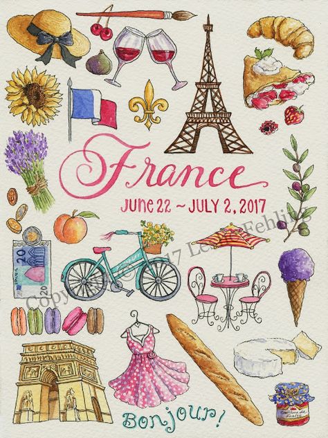 French Journal Ideas, Paris Collage Art, France Doodles, France Drawing Sketches, Artist Doodle Art, French Drawing Ideas, French Flag Drawing, France Watercolor, France Poster