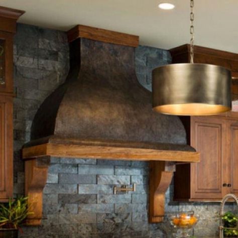 Copper Range Hoods Kitchen, Copper Stove Hood, Copper Oven Hood, Copper Vent Hood Kitchen, Range Hood With Wood Trim, Farmhouse Hood Vents Kitchen, Hood With Wood Trim, Nordic Chalet, Kitchen Vent Hood Ideas