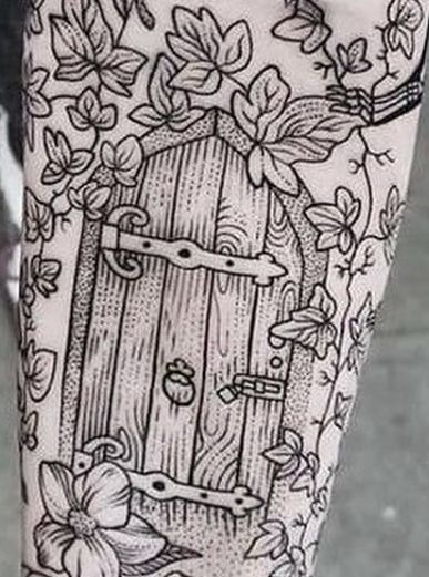 Garden Door Tattoo, Secret Garden Tattoo, Ankle Wrap Tattoo, Mushroom Sleeve, Simple Black Tattoos, Emma Tattoo, Garden Tattoo Ideas, Pony Reinhardt, Door Tattoo