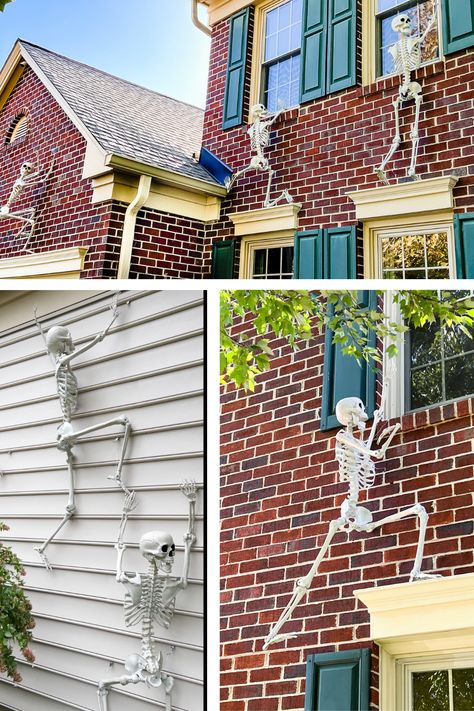 Halloween Skeleton Balcony, Skeletons Hanging From House, Skeletons And Spiders On House, Skeleton House Decoration, Skeleton Hanging From House, Hanging Skeleton Halloween Decorations, Skeleton House Halloween, Skeleton On House Halloween, Skeleton House Decor