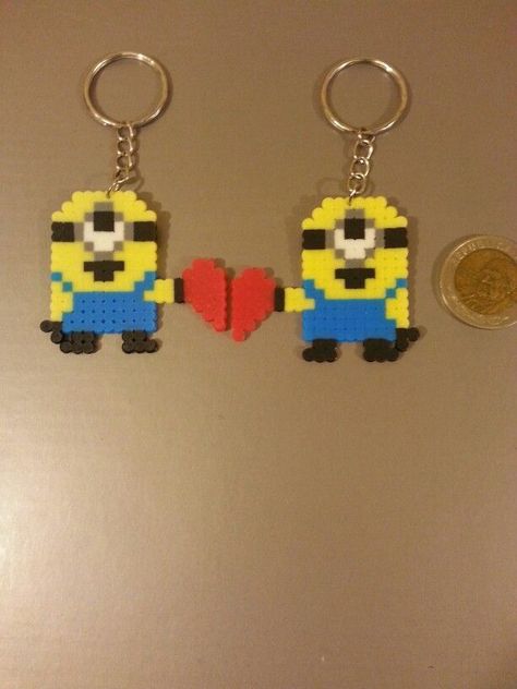 Bff Perler Bead Patterns, Bff Perler Beads, Perler Beads Minions, Minion Perler Bead Patterns, Pyssla Ideas Cute, Iron On Beads Ideas, Perler Beads Keychain, Ironing Beads, Melty Bead Designs