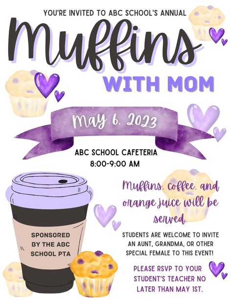 Student Council Activities, Fundraiser Ideas School, Muffins With Mom, Pta Flyer, Muffins For Mom, Mother's Day Event, Pta Events, Abc School, Pta Fundraising