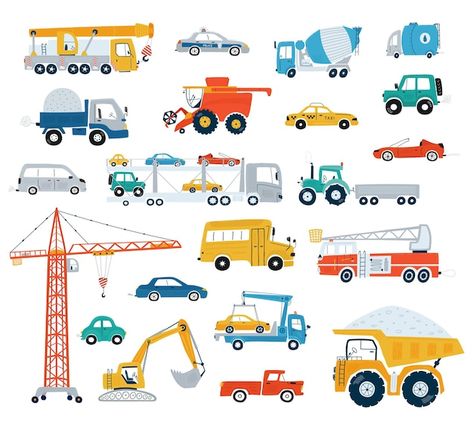 Collection of cars and construction vehi... | Premium Vector #Freepik #vector #cartoon-truck #dump-truck #construction-vehicles #construction-truck Excavator Illustration, World Breastfeeding Week, Transportation Birthday, Kids Playroom Furniture, Bohemian Baby Shower, Kids Doodles, Free Printable Stickers, Baby Shower Stickers, Cartoon Toys