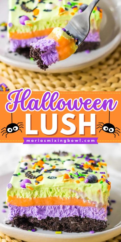 Looking for Halloween treats to make? This easy lush recipe is a perfect Halloween party idea! You can't go wrong with this simple Halloween dessert. With an Oreo cookie crust and colorful pudding layers, this no-bake Halloween lush is fun and festive! No Bake Halloween Lush, Halloween Lush Dessert, East Halloween Desserts, Halloween Desserts For Contest, Super Easy Halloween Desserts, Easy Halloween Baked Treats, Oreo Dessert Halloween, Dessert Lush Recipes, Halloween Pies Desserts