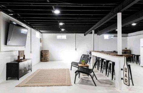 Black Ceiling White Walls Basement, Unfinished Basement Party Ideas, Unfinished Basement Remodel, Painted Basement Ceiling, Black Basement Ceiling, Unfinished Ceiling, Exposed Basement Ceiling, Cheap Basement Remodel, Industrial Basement