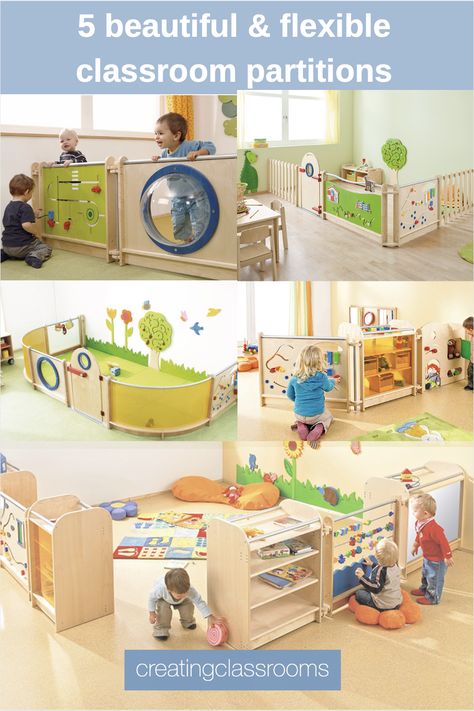 Fun Daycare Room Ideas, Preschool Classroom Interior Design, Preschool Room Dividers, Classroom Partition Ideas, Preschool Design Interior, Preschool Classroom Set Up Layout, Classroom Partition, One Year Old Classroom Setup Daycare, Infant Room Daycare Layout