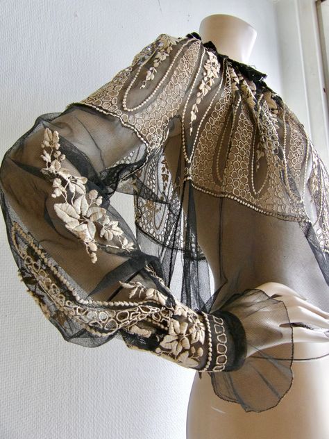 Unique Stunning Antique Victorian Edwardian Handmade Black Net Blouse With Cream Embroidery and Lace Collar - Etsy Old English Clothes, Art Nouveau Clothing, Black Net Blouse, Belgian Lace, Venetian Lace, Cream Embroidery, Net Blouse, Net Blouses, Embroidered Sleeves