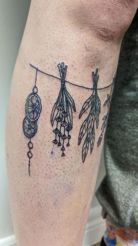 Dried Herb Tattoo, Witch Aesthetic Tattoo Ideas, Hanging Herbs Tattoo, Homestead Tattoo Ideas, Rosemary And Lavender Tattoo, Tattoo Ideas Cottagecore, Sage Bundle Tattoo, Appalachian Tattoo, Holistic Tattoo