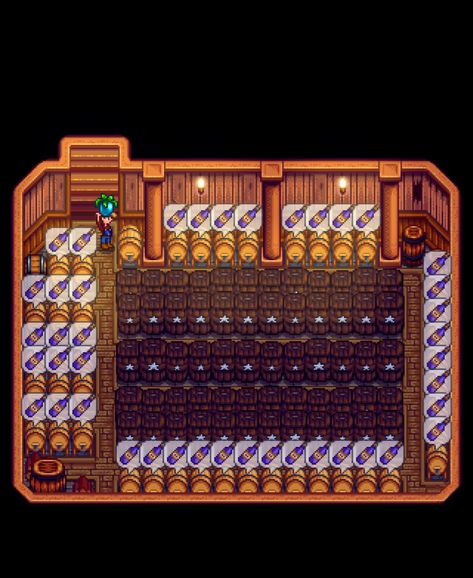 stardew valley cask and keg organization and layout slay hot Stardew Valley Cask Layout, Basement Stardew Valley, Stardew Organization, Stardew Valley Storage Ideas, Keg Stardew Valley, Stardew Crop Set Up, Stardew Wine Cellar, Stardew Valley Shed Layout Kegs, Stardew Chest Room