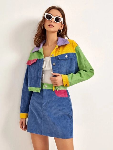 Color Block Corduroy Jacket & Skirt Set for Sale Australia| New Collection Online| SHEIN Australia Office Outfits Women, Trendy Dress Outfits, Crop Top Outfits, Recycle Clothes, Diy Couture, Hippie Outfits, Girls Fashion Clothes, Corduroy Jacket, Retro Outfits