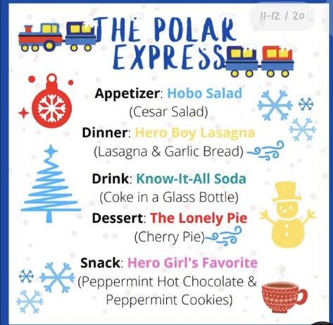 Christmas Vacation Movie Food Ideas, Polar Express Food Ideas Dinner, Polar Express Dinner Ideas, Disney Theme Movie Night Ideas, Themed Movie Nights For Kids, Polar Express Movie Night, Themes Dinner Nights, Disney Movie Themed Dinner, Themed Dinners Ideas