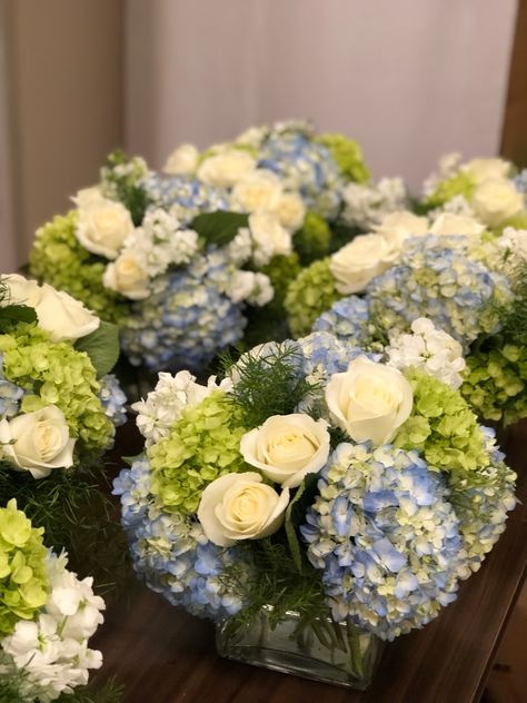 DesignsandEvents: A Bridal Shower at Davio's, Chestnut Hill Blue Hydrangea Centerpieces, The Flower Market, Studio Shed, Hydrangea Centerpiece, Hydrangea Arrangements, Blue Bridal Shower, Asparagus Fern, Blue Hydrangeas, Bridal Shower Flowers