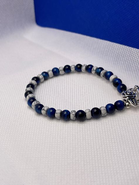 Howlite Bracelet, Mystic Lapis Blue Tiger Eye Bracelet, Howlite Beaded Bracelet, Bracelet for women, White Howlite Beaded Bracelet by BecSueJewelryShop on Etsy Blue Beaded Bracelets For Men, Blue Tiger Eye Bracelet, Purple Jasper, Kids Bracelet, Blue Tiger Eye, Howlite Bracelet, Bracelet Size Chart, Bracelet Kit, Turtle Bracelet