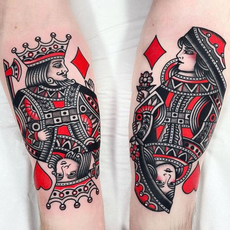 Which one is your favorite (swipe ↔️) 1 or 2? 🤔🤔 Original paintings for sale (link in bio) #london #londontattoo #traditionaltattoo… | Instagram King Of Hearts Tattoo, Playing Card Tattoos, Queen Of Hearts Tattoo, Best Couple Tattoos, Traditional Tattoo Old School, Card Tattoo Designs, Tattoo Magazine, Queen Tattoo, Traditional Tattoo Sleeve