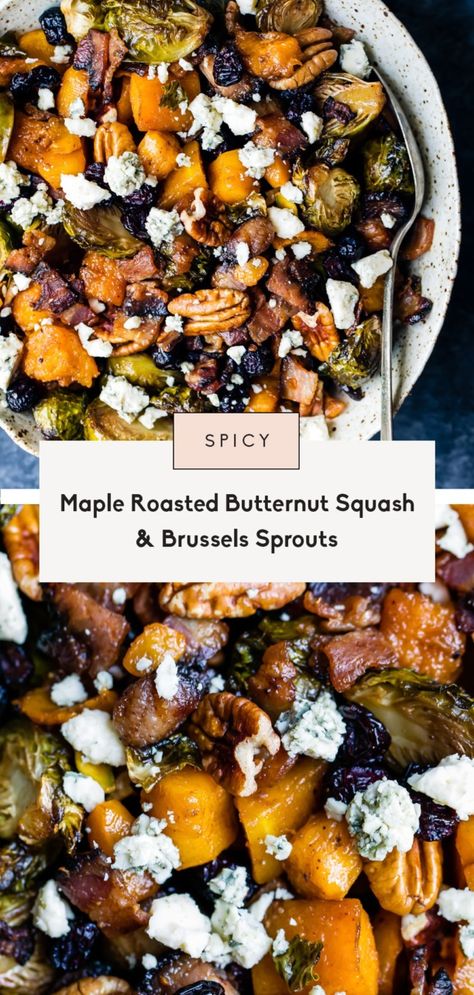 Sweet and spicy maple roasted butternut squash and brussels sprouts with savory, crispy bacon, sweet dried cranberries, toasty pecans, and crumbled cheese. This filling, veggie-packed dish is the perfect side dish or a main meal for the holidays or weeknights! Butternut Squash And Brussels Sprouts, Ambitious Kitchen Recipes, Butternut Squash Bacon, Butternut Squash Cubes, Roasted Sprouts, Ambitious Kitchen, Cooking Bacon, Sprout Recipes, Brussels Sprouts Recipe