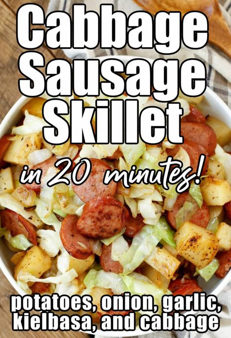 {20 Minute} Kielbasa Cabbage Potato Skillet - Barefeet in the Kitchen Kilbasa Sausage Recipes Cabbage, Cabbage And Sausage Skillet, Cabbage Sausage Potato, Fried Cabbage And Potatoes, Kielbasa Cabbage, Smoked Sausage And Potato Recipe, Cabbage And Smoked Sausage, Fried Cabbage With Sausage, Kielbasa And Potatoes