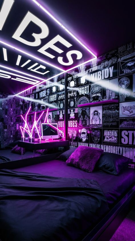 A bold teen bedroom with purple and black color scheme, featuring modern furniture and neon lighting accents. Edgy Room Ideas Bedrooms, Edgy Room Ideas, Cyberpunk Bedroom Ideas, Purple And Black Bedroom, Edgy Rooms, Gamer Bedroom Ideas, Purple Room Aesthetic, Lofted Cabin, Edgy Teen