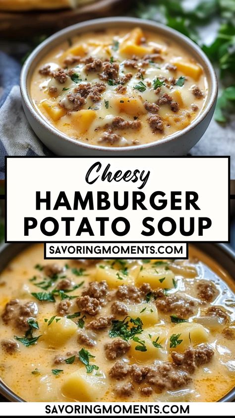 This rich and creamy soup combines hearty ground beef, tender potatoes, and melted cheese for a bowl of pure warmth and flavor. Perfect for cozy nights or feeding a crowd, it’s the ultimate comfort food. Hungry? Click for the full recipe #cheesysoup #comfortfood #hamburgerpotatosoup #easyrecipes #cozysoups #homemadesoup #cheesyrecipes #fallrecipes #quickdinner #familydinnerideas #souplovers Hamburger Chowder Soup, Soups Recipes With Hamburger, Soup Recipes Cheeseburger, Easy Hearty Meals Comfort Foods, Creamy Beef And Potatoes, What Make With Ground Beef, Cheesy Potato And Hamburger Soup, Cheeseburger Soup With Potatoes, Creamy Hamburger Soup Crockpot