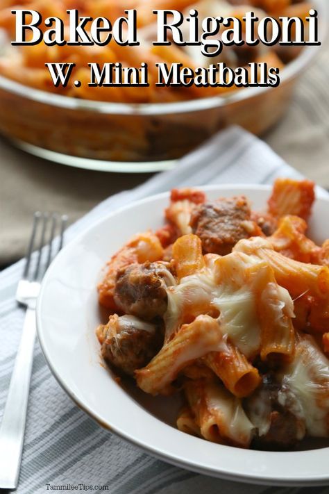 Recipes With Mini Meatballs, Rigatoni And Meatballs, Meatballs And Rigatoni, Rigatoni Meatball Bake, Rigatoni With Meatballs, Rigatoni With Mini Meatballs, Pasta With Mini Meatballs, Mini Meatball Pasta Bake Pioneer Woman, Baked Rigatoni With Ground Beef