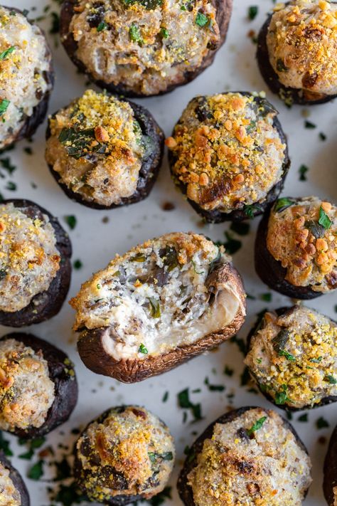 These Vegan Stuffed Mushrooms are the most delicious vegan appetizer! Made with vegan cream cheese and fresh herbs, you'll adore these easy mushroom bites. They're the perfect vegan holiday appetizer and easily made gluten-free! Stuffed Mushrooms Cream Cheese, Gluten Free Stuffed Mushrooms, Mushroom Bites, Mushroom Recipes Vegan, Vegan Stuffed Mushrooms, Salty Recipes, Vegan Appetizer, Cream Cheese Appetizer, Cheese Stuffed Mushrooms