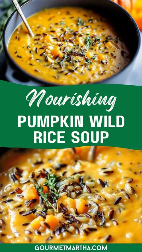 Nourishing Pumpkin Wild Rice Soup: A warm, creamy, and comforting vegan soup that's packed with the earthy goodness of pumpkin, hearty wild rice, and aromatic spices. Perfect for cozy nights, this recipe is both delicious and nourishing, ideal for chilly days or meal prepping for the week. Try this delicious recipe, perfect for any occasion #VeganSoup #PumpkinSoup #WildRice #HealthyRecipes #PlantBased #FallRecipes #CozyMeals #DairyFree #SoupSeason #ComfortFood Rice Soup Vegan, Rice Soup Vegetarian, Vegan Pumpkin Soup Recipe, Pumpkin Curry Soup, Meal Prepping For The Week, Pumpkin Stew, Wild Rice Soup Recipes, Vegan Pumpkin Soup, Dairy Free Soup