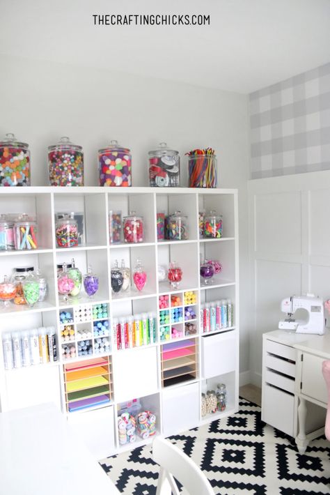 If you are looking for Craft Room Design inspiration, you've found it. With pops of color and fun floral touches, this is the craft room of my dreams. #craftroom #DIYcraftroom #craftroominspiration Craft Room Colors Scheme Inspiration, Craft Room Shelves Organization, Small Craft Office Ideas, Craft Room Playroom Combo, Arts And Crafts Room For Kids, Sunroom Craft Room, Kids Craft Room Organization, Kids Arts And Crafts Room, Dream Craft Room Small Spaces