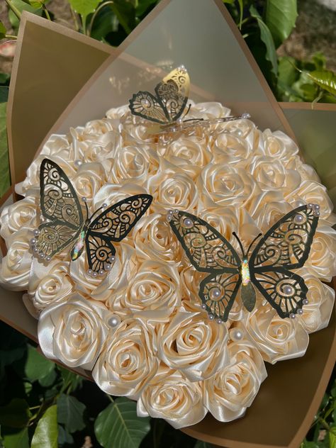 Flowers With Butterflies Bouquet, Flower Bouquet Made Of Ribbon, Gold Bouquet Of Flowers, Eternal Ribbon Roses, Ramo Flowers Ribbon, Beige Roses Bouquet, Ramo Ribbon Bouquet, 40 Roses Bouquet, Golden Flower Bouquet