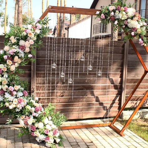 Heptagon Wedding Arch With Drape, Hexagon Wedding Arch With Drapery, Hexagon Wedding Arch With Fairy Lights, Wedding Arbor Ideas Hexagon, Hexagon Wedding Arch Flowers And Sheats, Hexagon Wedding Arch Flowers Under Pavilion, Wedding Ceremony Backdrop Hexagon, Bridal Room Decor, Wedding Scripture