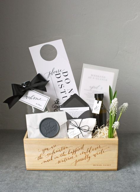 welcome box Welcome Basket, Hotel Welcome Bags, Welcome Baskets, Wedding Welcome Gifts, Wedding Welcome Bags, Martha Stewart Weddings, Welcome Bags, Welcome Gifts, Wedding Weekend