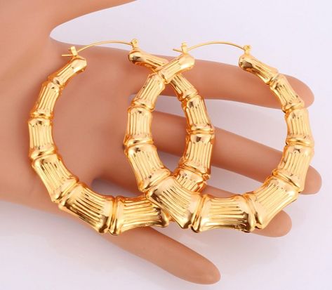 Sag Rising, Gold Bamboo Earrings, Big Earrings Gold, Gold Fashion Jewelry, Wife Jewelry, Bamboo Hoop Earrings, Statement Hoop Earrings, Bamboo Earrings, Packing Jewelry