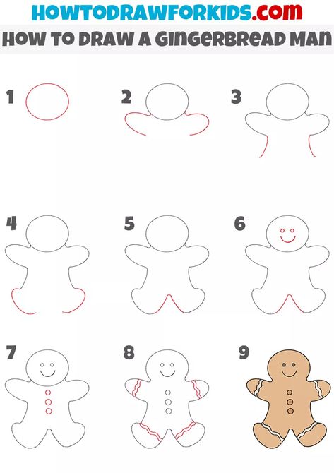 Easy Gingerbread Drawing, Diy Christmas Cards Gingerbread Man, Christmas Drawing Ideas Step By Step, Gingerbread Man Drawing Easy, How To Paint A Gingerbread Man, How To Draw Gingerbread Man, Christmas Gingerbread Drawing, Step By Step Drawing Christmas, How To Draw A Gingerbread Man