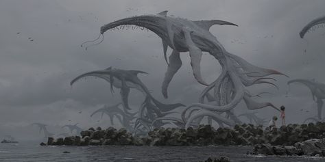 Flying Whale, Art Sinistre, Cosmic Horror, 다크 판타지, Alien Concept Art, Monster Concept Art, Fantasy Creatures Art, Mythical Creatures Art, Scary Art