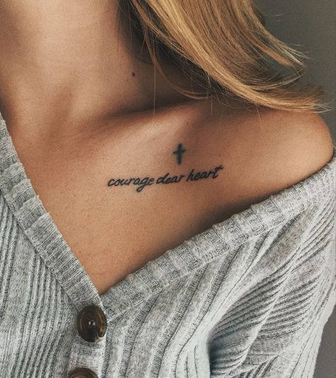 Script collarbone tattoo Cs Lewis Tattoo, Whisper Of The Heart Tattoo, Chronicles Of Narnia Tattoo, Courage Dear Heart Tattoo, Tattoo Courage, Narnia Tattoo, Narnia Quotes, Courage Dear Heart, Cute Tats