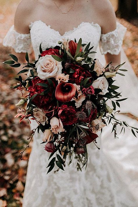 36 Fall Wedding Bouquets For Autumn Brides | Wedding Forward Rustic Fall Wedding Colors, Red Bridal Bouquet, Bridal Wedding Flowers, Off The Shoulder Wedding Dress, Shoulder Wedding Dress, Fall Wedding Bouquets, Fall Wedding Flowers, Fall Wedding Colors, Classy Wedding