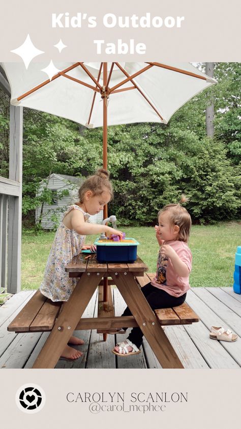 Toddler outdoor picnic table Kids Boho Picnic Table, Diy Kids Picnic Table, Kids Picnic Table Paint Ideas, Toddler Picnic Table, Kids Picnic Table With Benches, Kids Outdoor Table, Outdoor Picnic Table, Toddler Garden, Kid Friendly Backyard